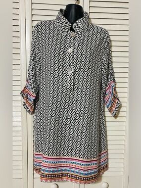 John Mark Black & White Geometric Tunic with Multicolor Trim